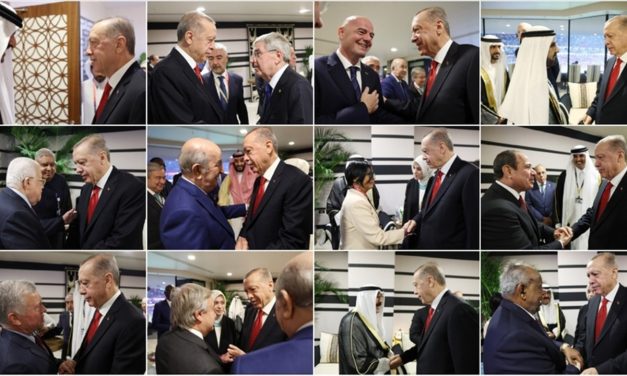 Cumhurbaşkanı Erdoğan, 2022 FIFA Dünya Kupası kapsamındaki resepsiyonda başkanlarla bir ortaya geldi